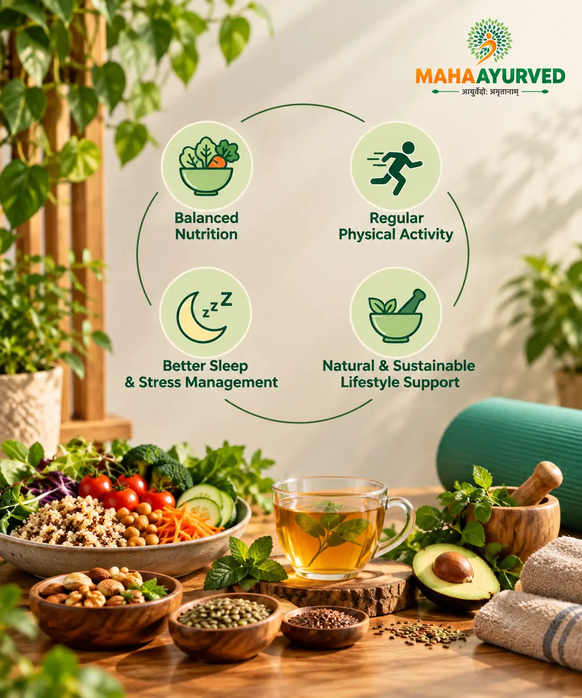 Balanced meal of vegetables, whole grains and pulses for PCOS diet and lifestyle support
